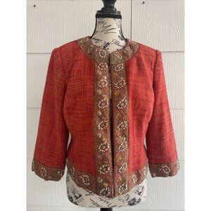 Josephine Chaus Jacket Orange Silk Embellished Embroidered Women Sz 10 (B9)